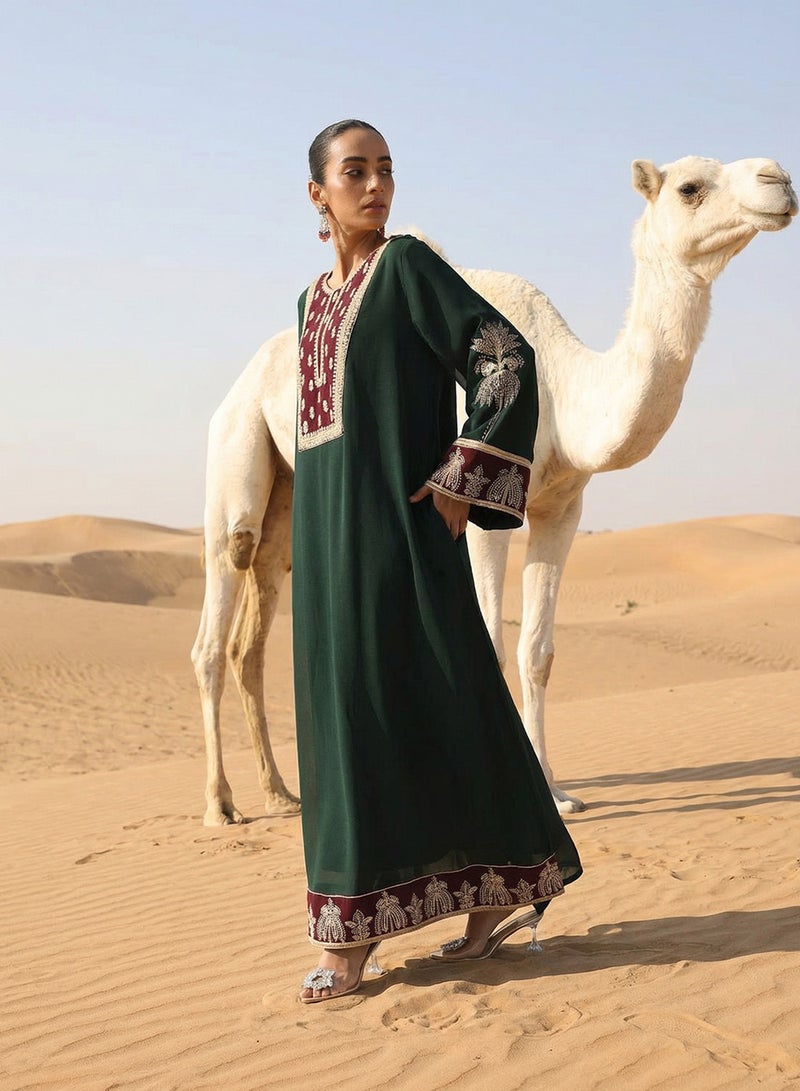آي شين عباية مطرزة منسوجة خضراء عادية - Image 4